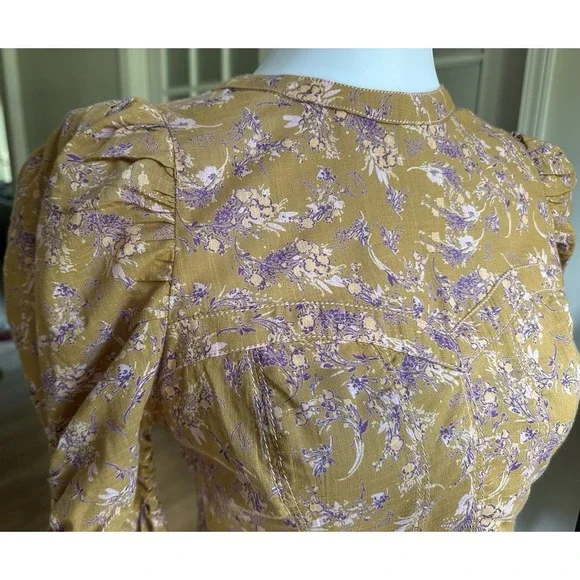 Free People Boho Floral Puff Sleeve Open Back Crop Top Mustard Purple Sz S - Picture 5 of 12